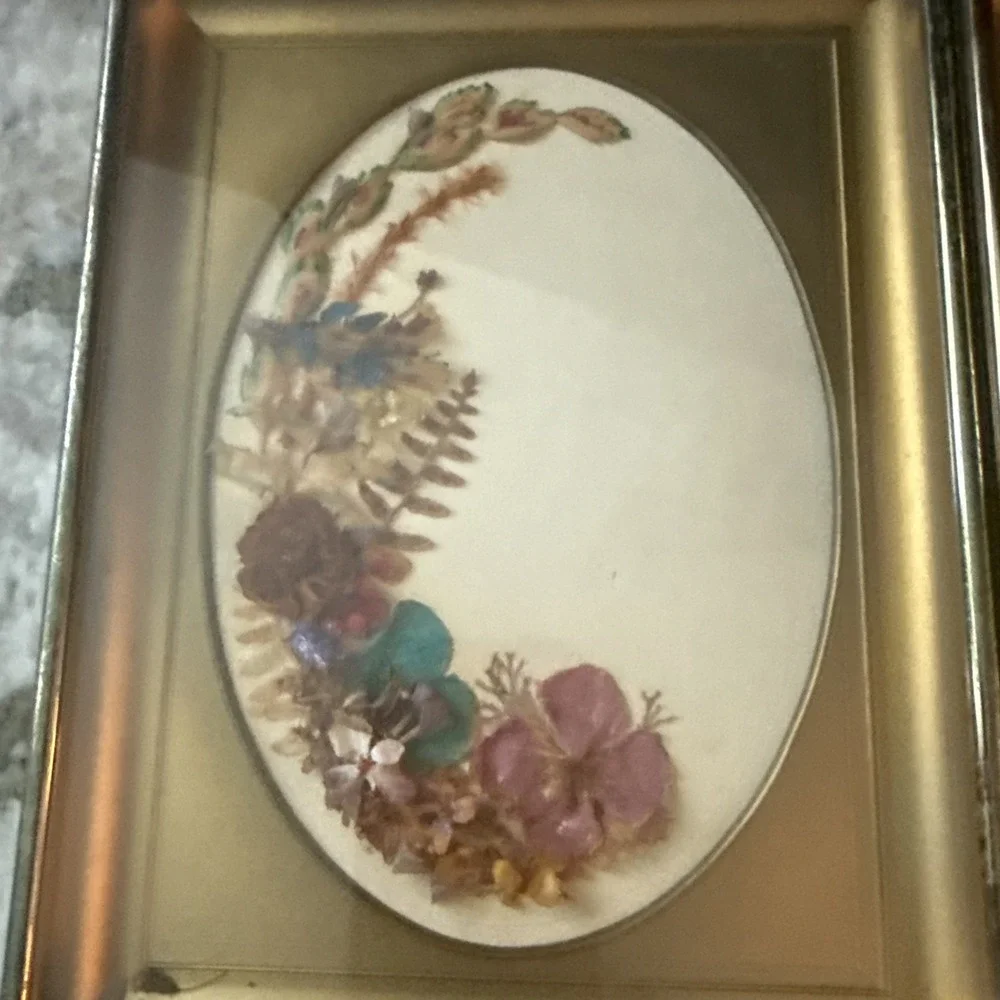 Set of 2 Vtg Gold Framed Pressed Flower Art Dried Botanicals Cottagecore Decor